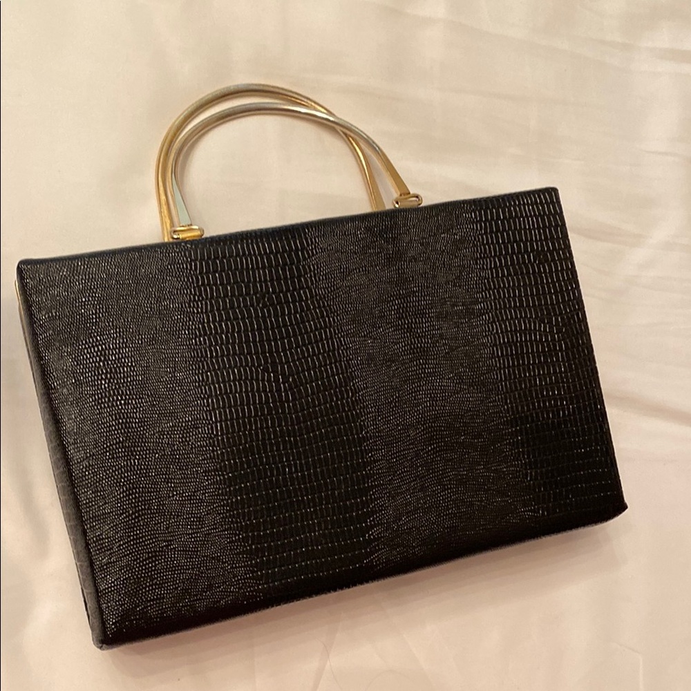 VTG Elegant Black Handbag with Gold Handles